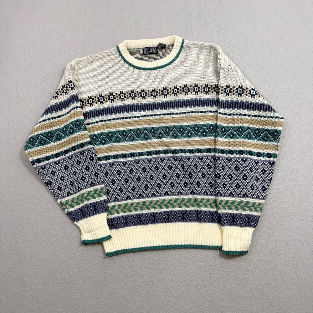 Vintage Geometric Sweater Men's Large Cream Geometric Fair Isle Acrylic Knit 90s
